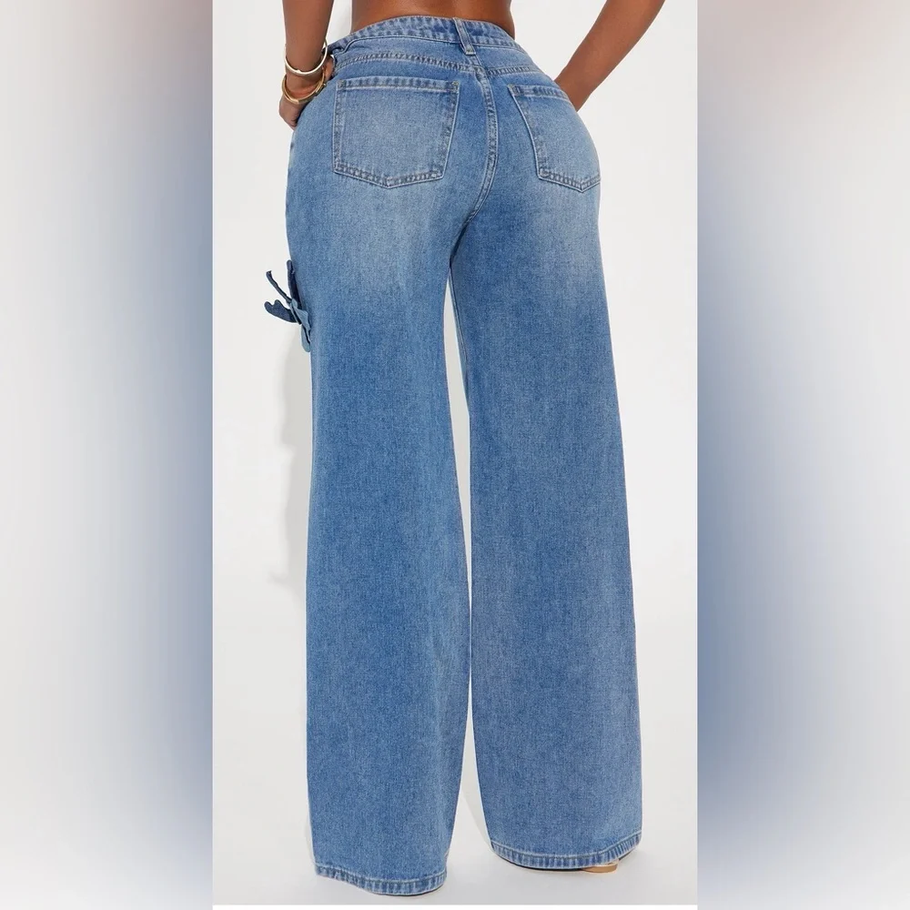 Fashion Nova Light Blue Wide-Leg High-Rise Jeans with Denim Floral Appliqués - Picture 2 of 2